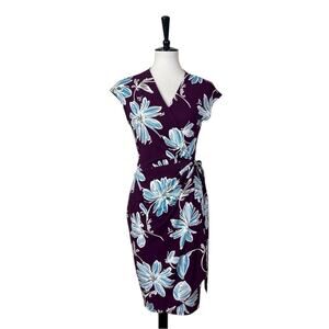Lark & Ro Wrap Dress Side Tie Cap Sleeve Purple Blue Floral Women’s Size Small